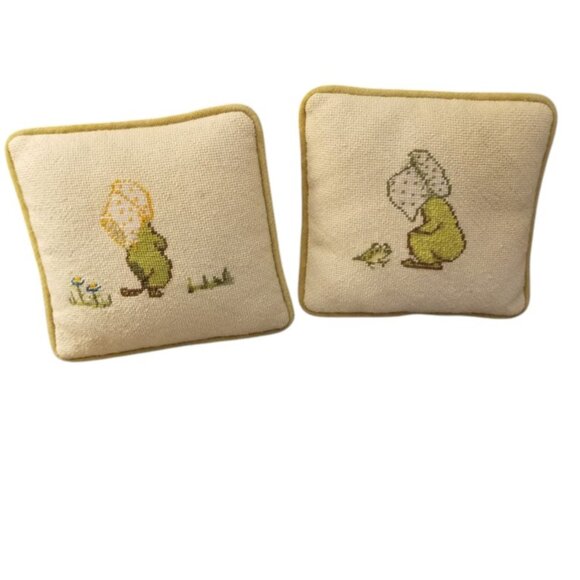 2 Small Pillows, Cross Stitch Frog, Cute Neutral Handmade Primitive Boho Prairie - Picture 2 of 8